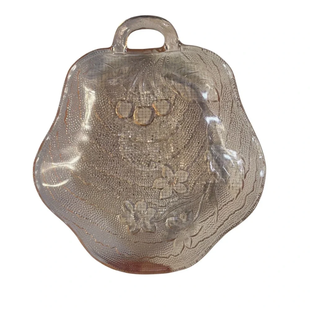 Vintage Pink Depression Glass Cherry Floral‎ Nappy Bowl Single Handle Candy Dish